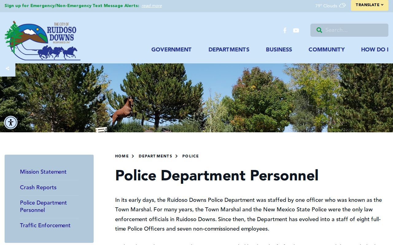 Ruidoso Downs Police Department page used to locate arrest-record and booking-photo request contacts